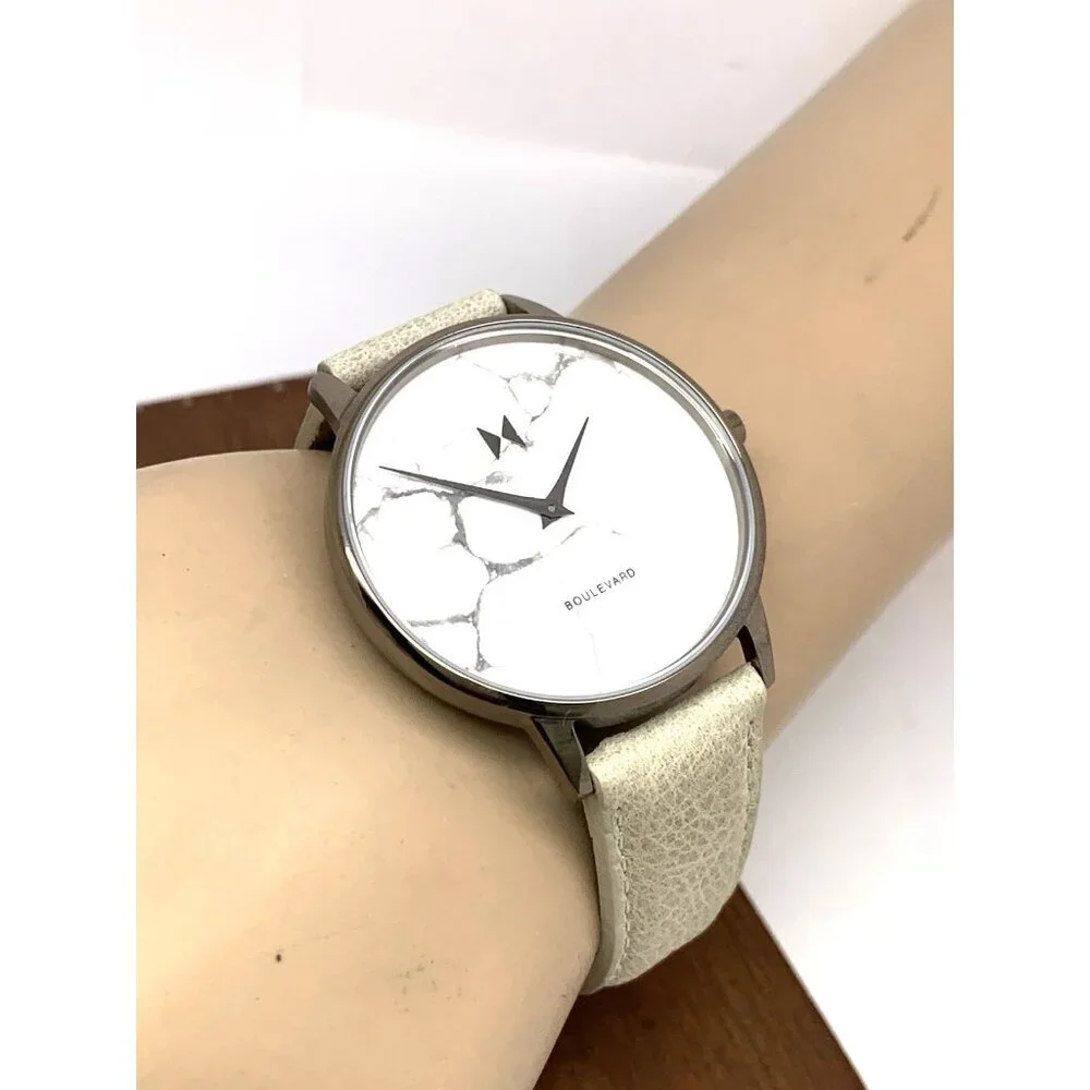 MVMT Women's Watch QMB01-Tima Quartz White Gray Marble Dial Leather Band 38mm